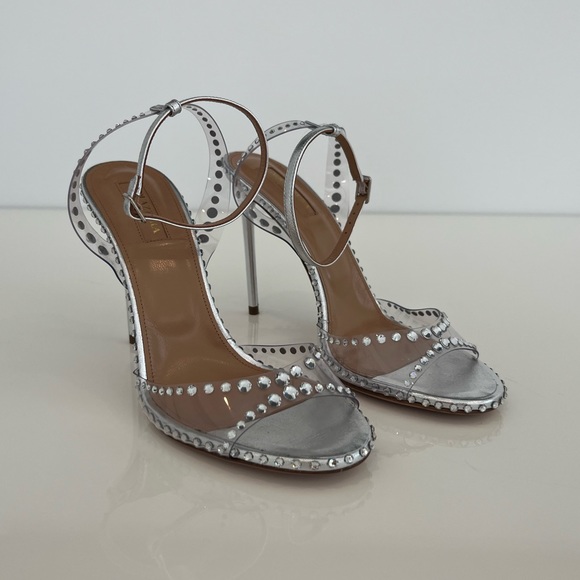 AQUAZZURA SILVER PVC LEATHER CRYSTAL SANDALS SIZE IT 38 / US 8 NEW IN BOX! - Picture 11 of 17